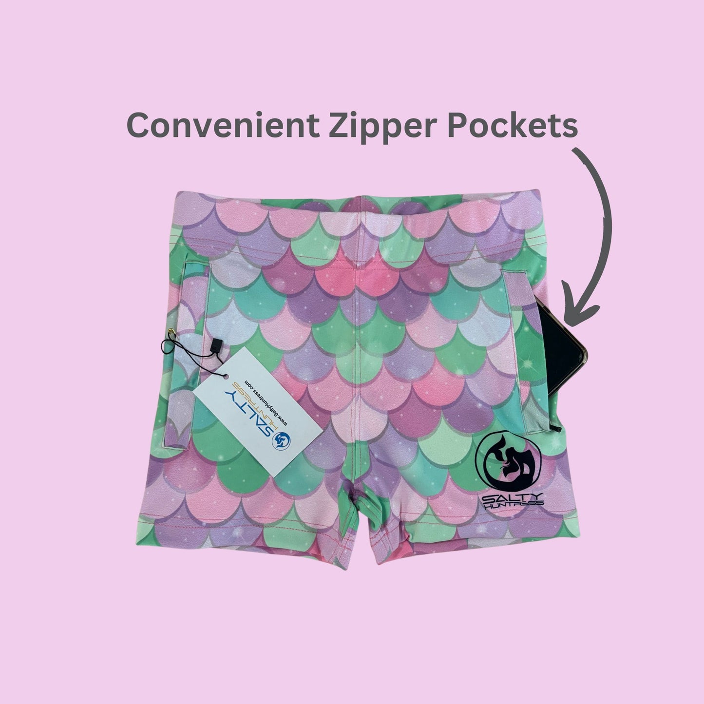 Kid's Board Shorts - Mermaid Pink with zipper pockets