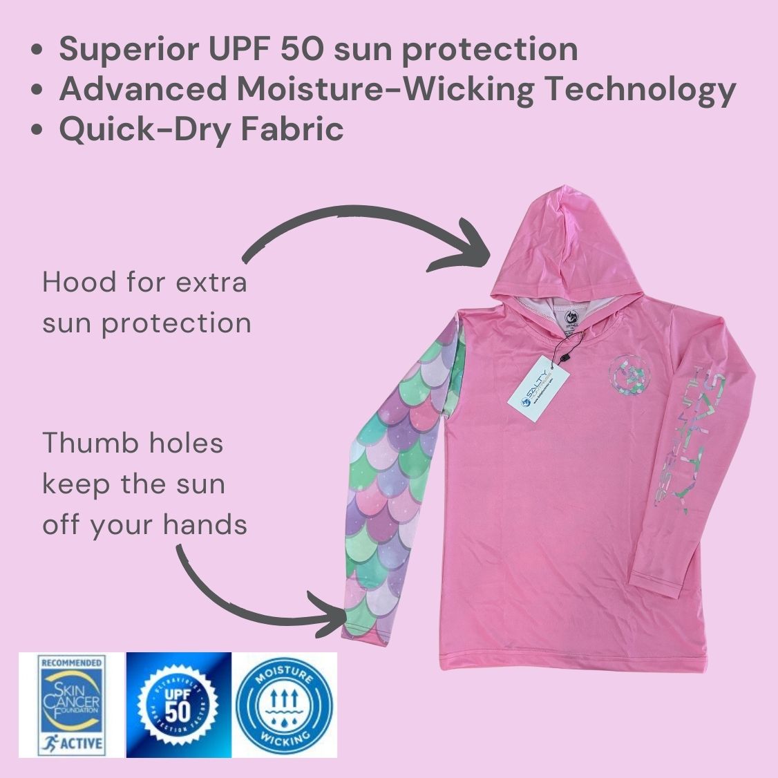 Kid's Sun Shirt - Mermaid Pink with Hood/Thumbholes