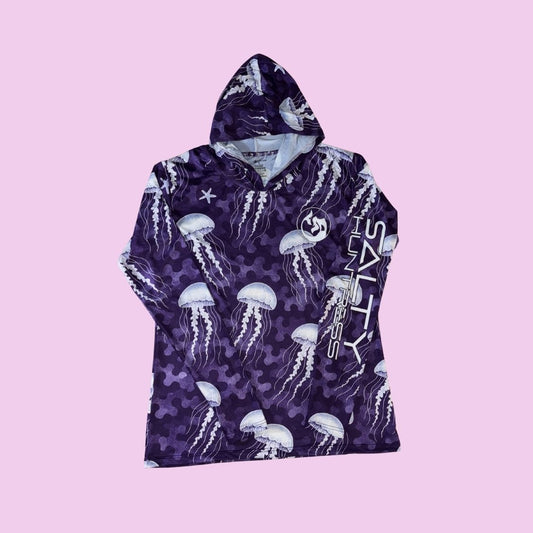 Women's Sun Shirt - Jellyfish on Purple with with Hood/Thumbholes