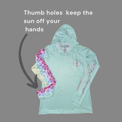 Women's Sun Shirt - Rainbow Leopard on Mint with Hood/Thumbholes