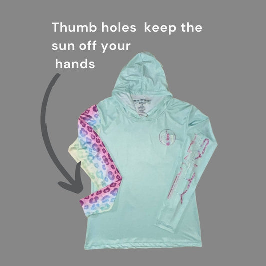 Women's Sun Shirt - Rainbow Leopard on Mint with Hood/Thumbholes