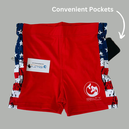 Red Freedom - Ladies Board Shorts - UPF 50, Quick-Dry Fabric, Zippered Pockets