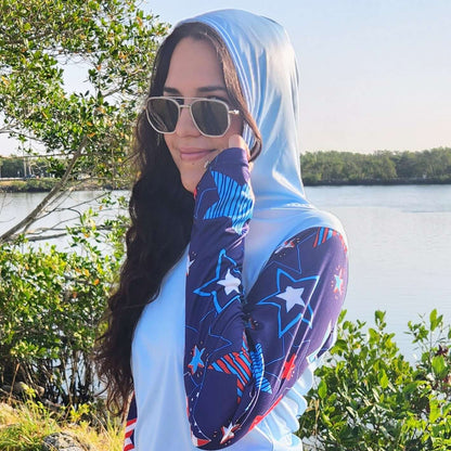 Patriotic Stars - Ladies Sun Protection Shirt - UPF 50, Quick-Dry Fabric, Hood, Thumb Hole