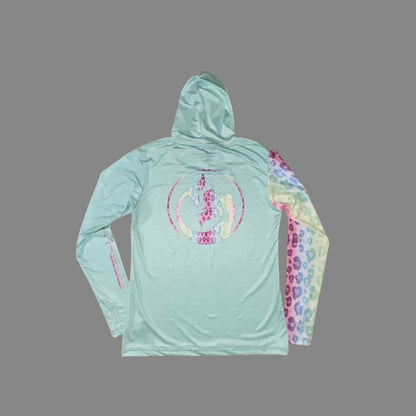 Women's Sun Shirt - Rainbow Leopard on Mint with Hood/Thumbholes