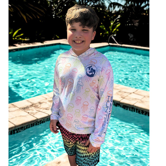 Kid's Sun Shirt - Jellyfish on White with Hood/Thumbholes
