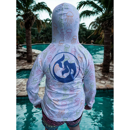 Kid's Sun Shirt - Jellyfish on White with Hood/Thumbholes