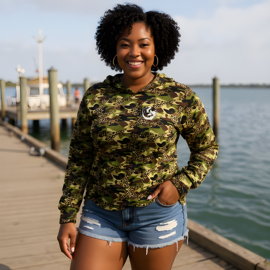 Women's Sun Shirt - Cheetah Camo Green with with Hood/Thumbholes