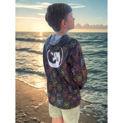 Kid's Sun Shirt - Jellyfish on Black with Hood/Thumbholes