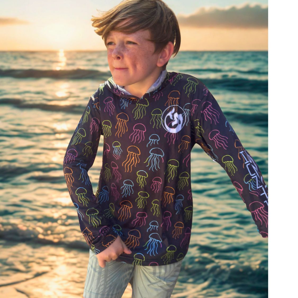 Kid's Sun Shirt - Jellyfish on Black with Hood/Thumbholes