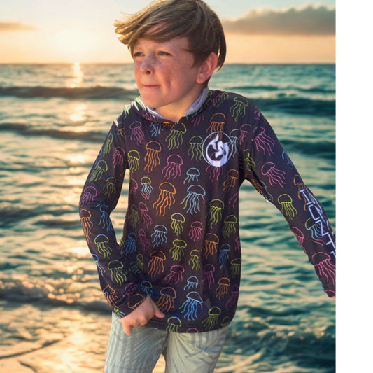 Kid's Sun Shirt - Jellyfish on Black with Hood/Thumbholes