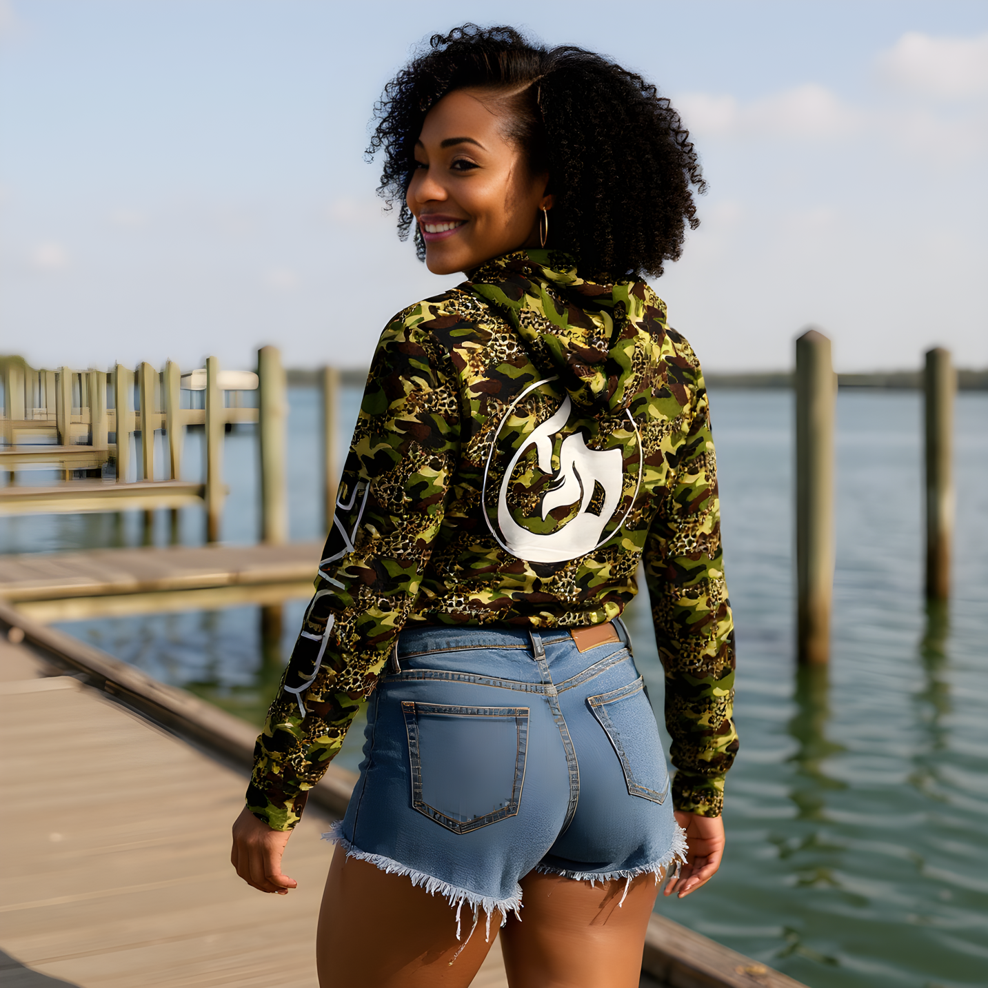 Women's Sun Shirt - Cheetah Camo Green with with Hood/Thumbholes