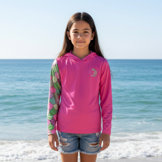 Kid's Sun Shirt - Mermaid Pink with Hood/Thumbholes