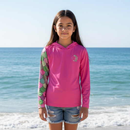 Kid's Sun Shirt - Mermaid Pink with Hood/Thumbholes