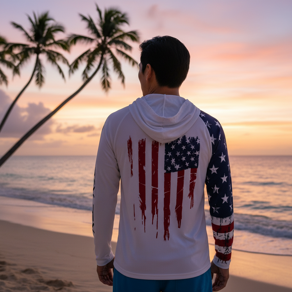 Men's/Unisex Sun Shirt - Freedom Flag with Hood/Thumbholes