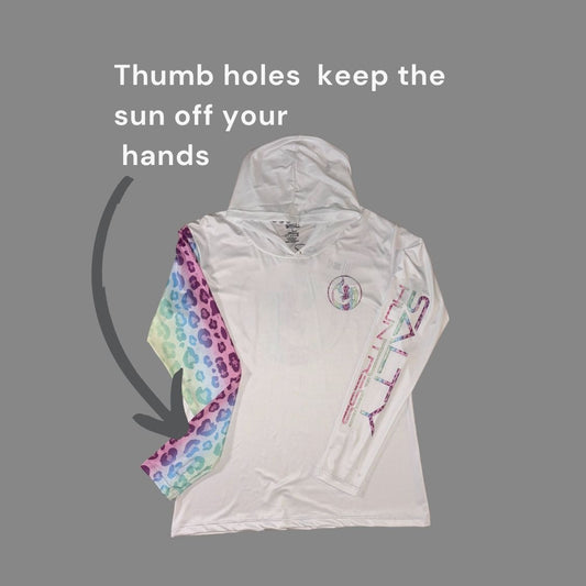 Women's Sun Shirt - Rainbow Leopard on White with Hood/Thumbholes
