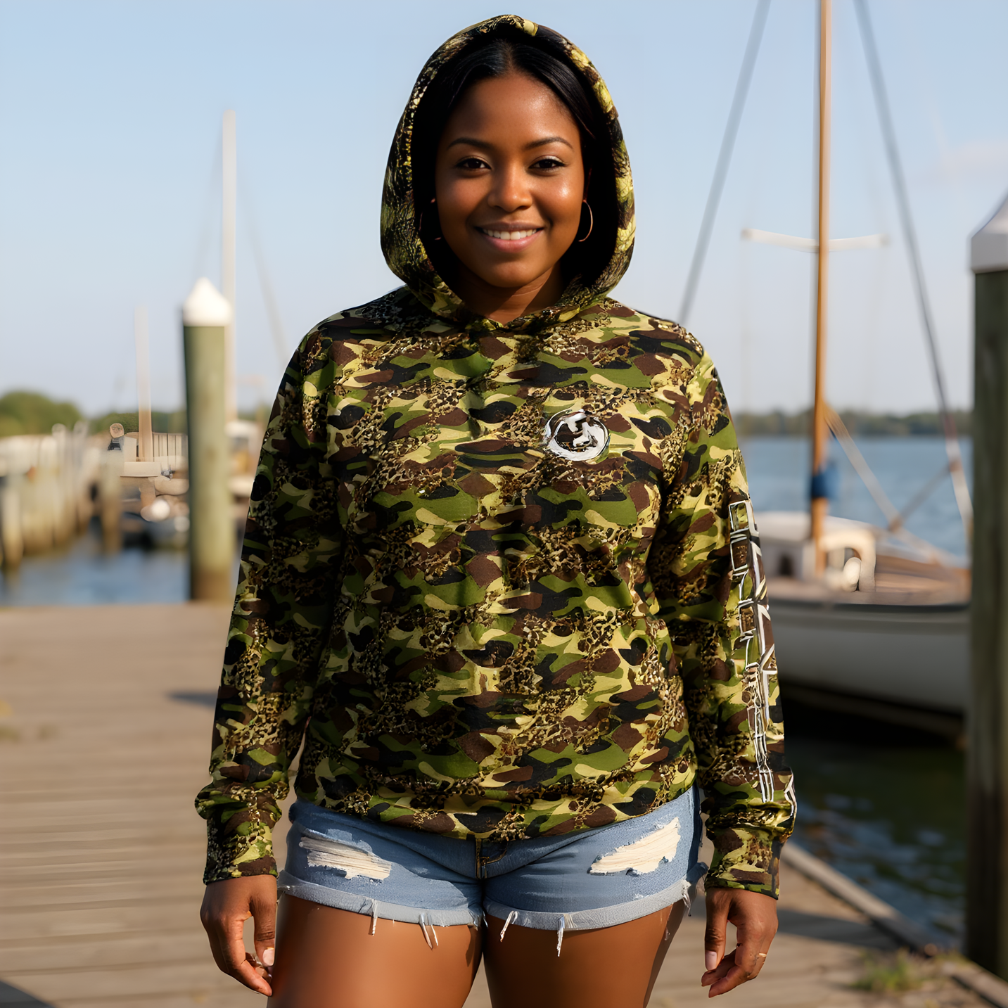 Women's Sun Shirt - Cheetah Camo Green with with Hood/Thumbholes