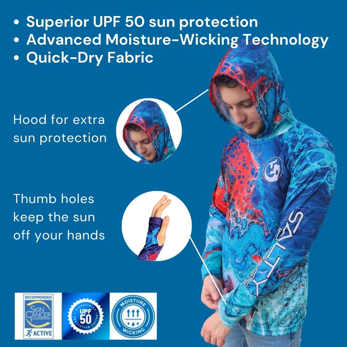 Sea Foam - Men's/Unisex Sun Protection Shirt - UPF 50, Quick-Dry Fabric, Hood, Thumb Hole